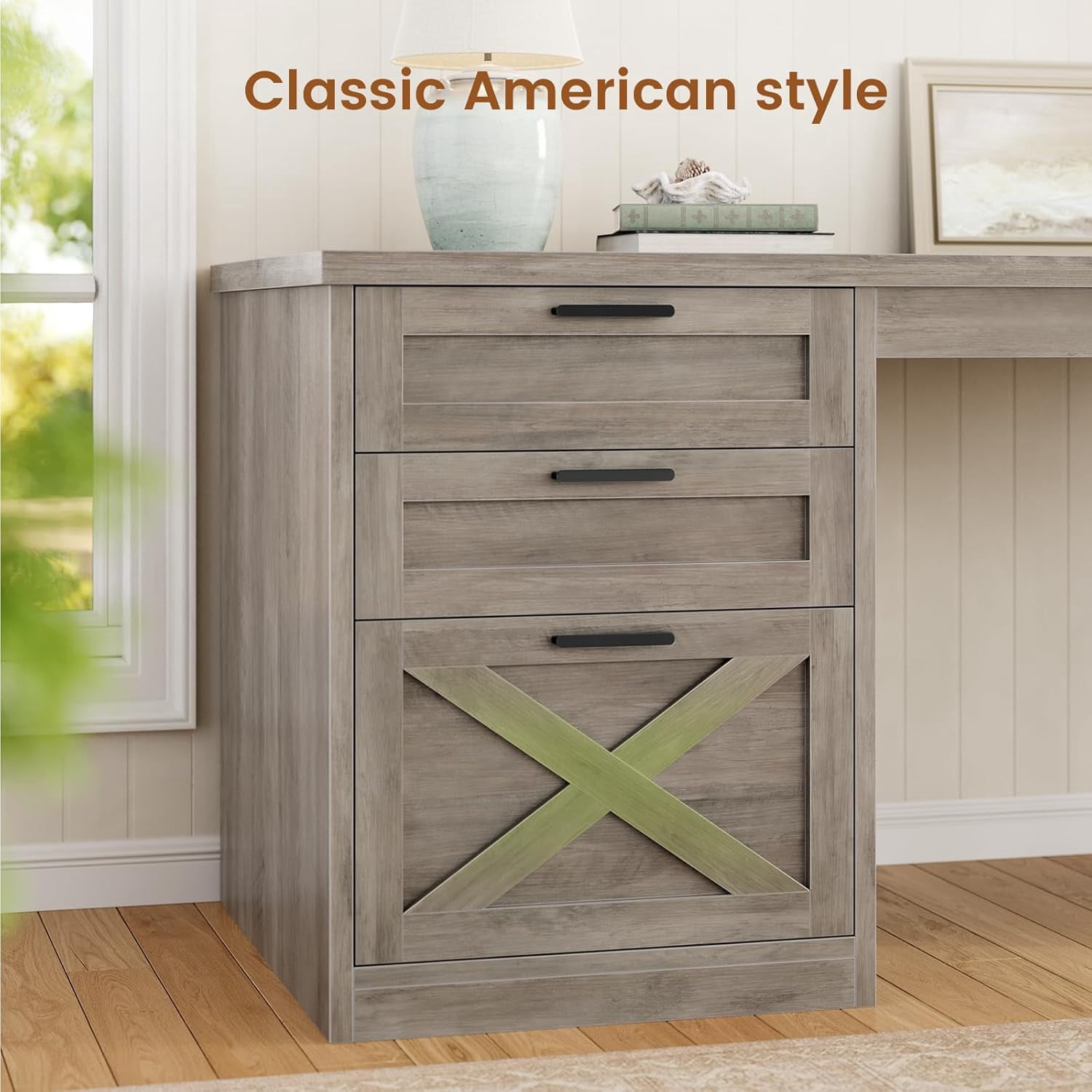 55.1" Farmhouse Desk with 3 Drawers & Open Shelves, Home Office Desk with Power Outlets & File Drawer, Wood Desk with Ample Storage, Computer Desk for Bedroom, Grey