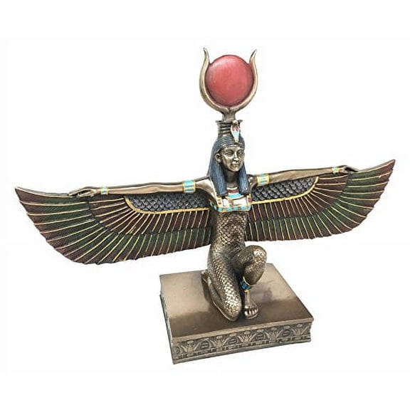 Ancient Egyptian Civilization Goddess Deity Kneeling Isis Ra With Spread Open Wings Figurine In Bronze Patina Finish Great Home Decorative Sculpture Gift For Ancient History Fans