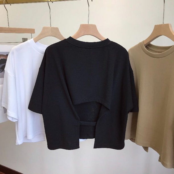 Camiseta informal con espalda descubierta para mujer, Top corto de manga corta con cuello redondo, holgado, estilo coreano, novedad de verano 2023