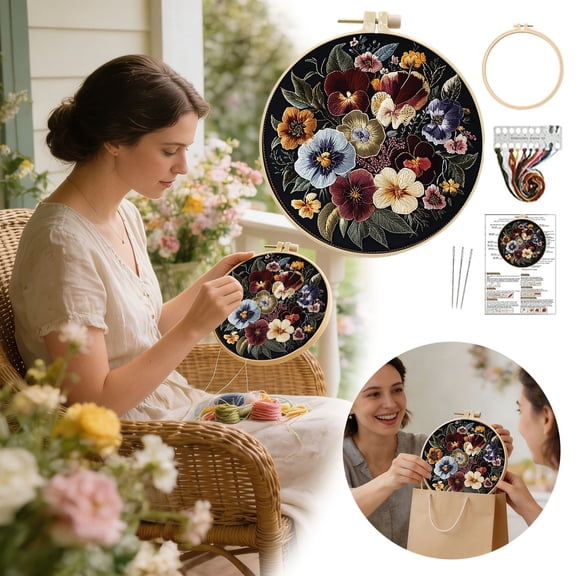 HEWANG Embroidery Kit for Beginners and Adults, DIY Hand Embroidery Starter Kit with Cute Pattern, Cross Stitch Needlepoint Set with , Threads and Instructions (Easter Wreath,Black,15cm)