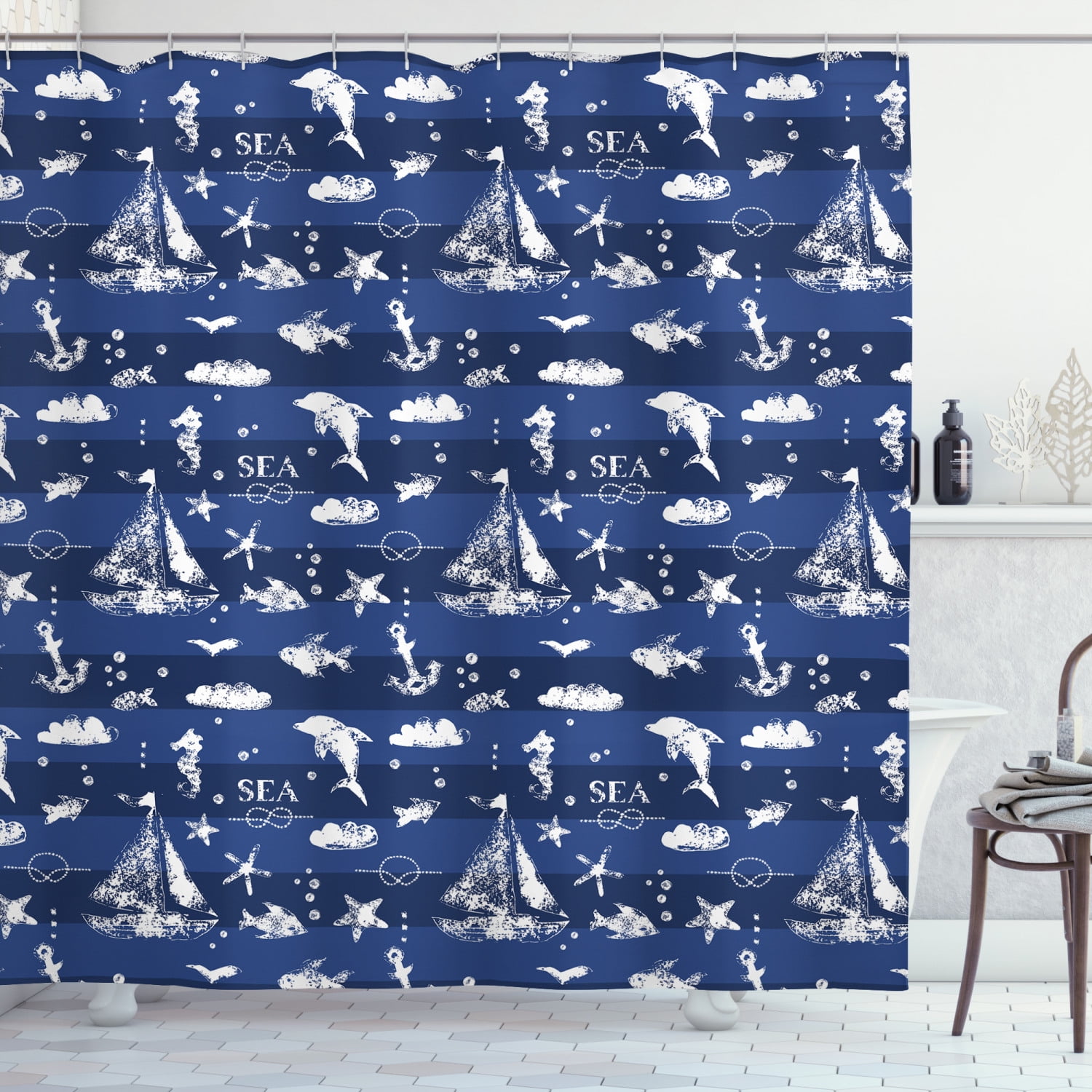 Nautical Lighthouse Anchor On Navy Blue Fabric Shower Curtain Set Bathroom Hooks 