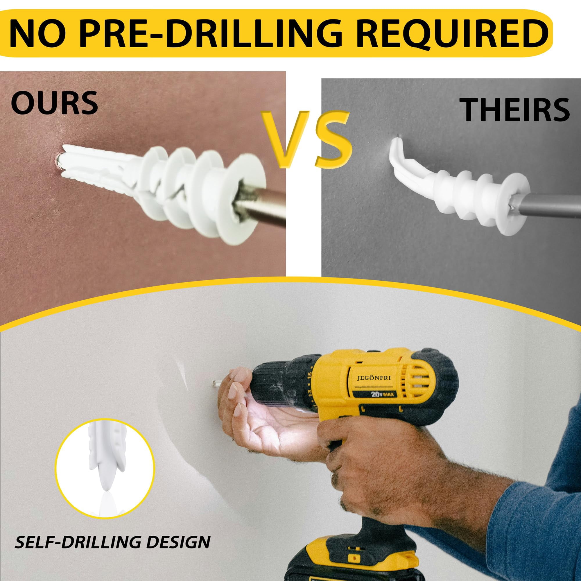 60PCS Self Drilling Drywall Anchors and #8 Screws, Wall Anchors for Drywall Heavy Duty Holds Upto 75LB, No Pre Drill Hole Required, Dry Wall Screws and Anchors Kit