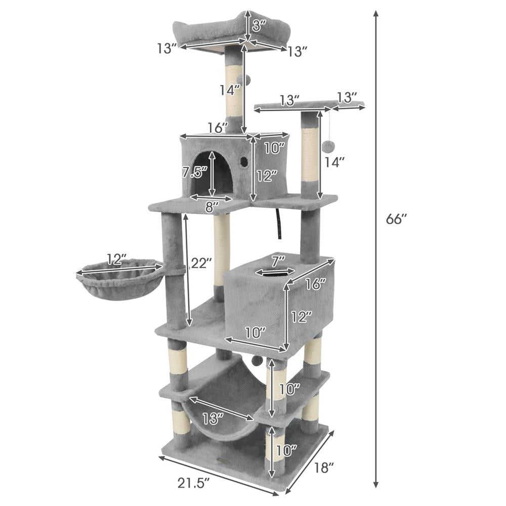 Choco Moon 66" Tall Cat Tree w/2 Condos & Sisal Posts, Cat Climbing Tower, Corner Cat Tree, Cat Condos for Indoor Cats-Light Gray