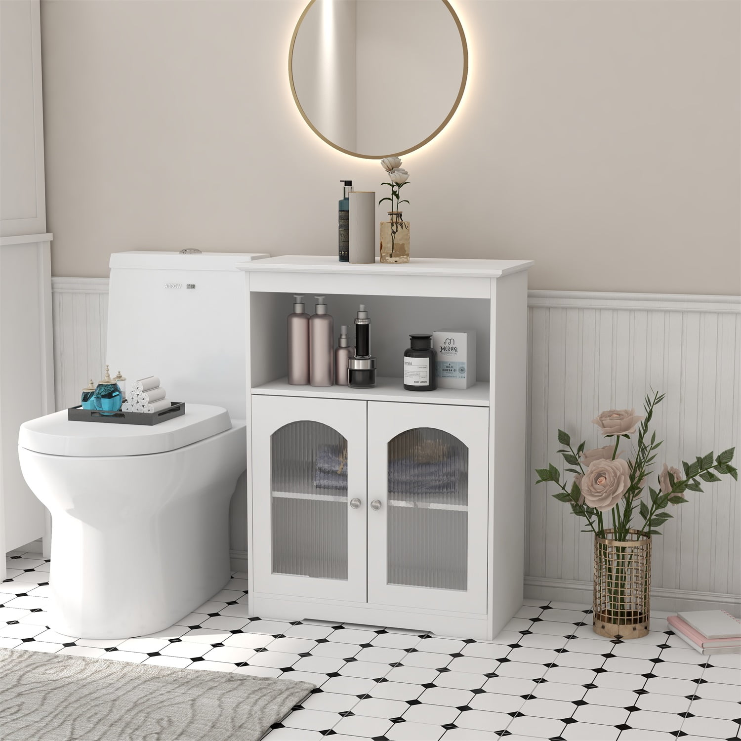 Kadyn Freestanding Bathroom Floor Cabinet, Bathroom Storage Cabinet with 2 Glass Doors 1 Open Shelf Inner Shelf, White Kadyn Freestanding Bathroom Floor Cabinet, Bathroom Storage Cabinet with 2 Glass Doors 1 Open Shelf Inner Shelf, White