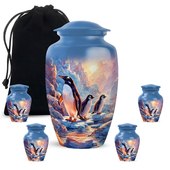 JAGASY Penguin Combo Urn for Siblings, Blue Small Urns for Human Ashes Keepsake, River Sunset & Mountain Decorative Large Urn for Sister, Cremation Urns for Brother, (1 Large, 10" & 4 Small, 3")