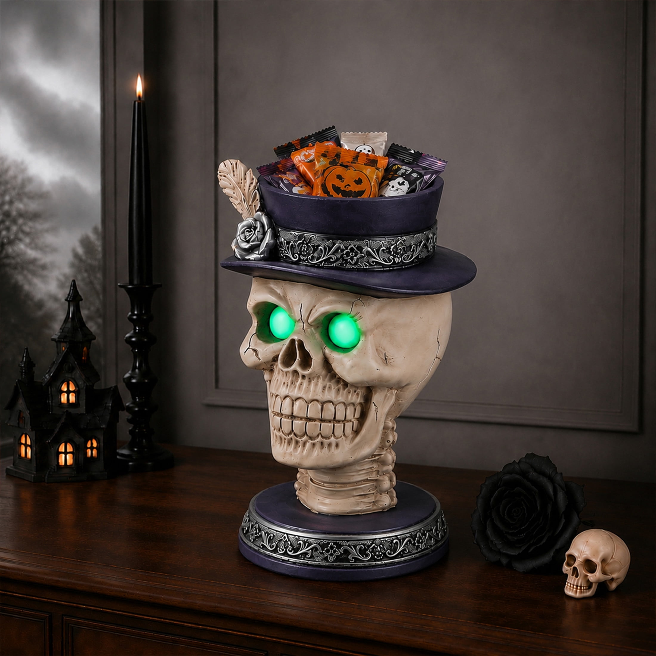 Noble House Gothic Skull Pillar Candle Holder with LED Light Eyes & Rose Top Hat, Spooky Tabletop Decor, Black White