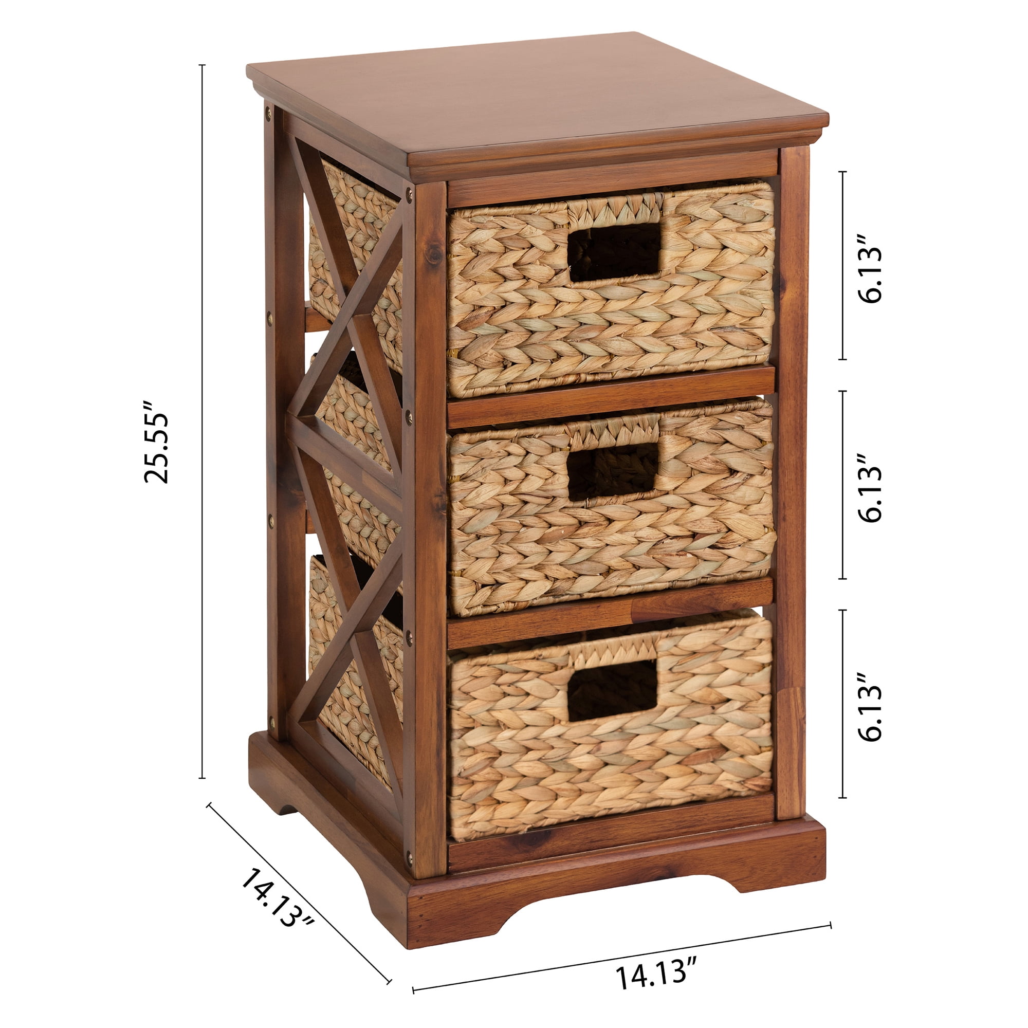 Hampton Meadows 3 Tier X-Side End Storage Cabinet with 3 Wicker Baskets, Walnut
