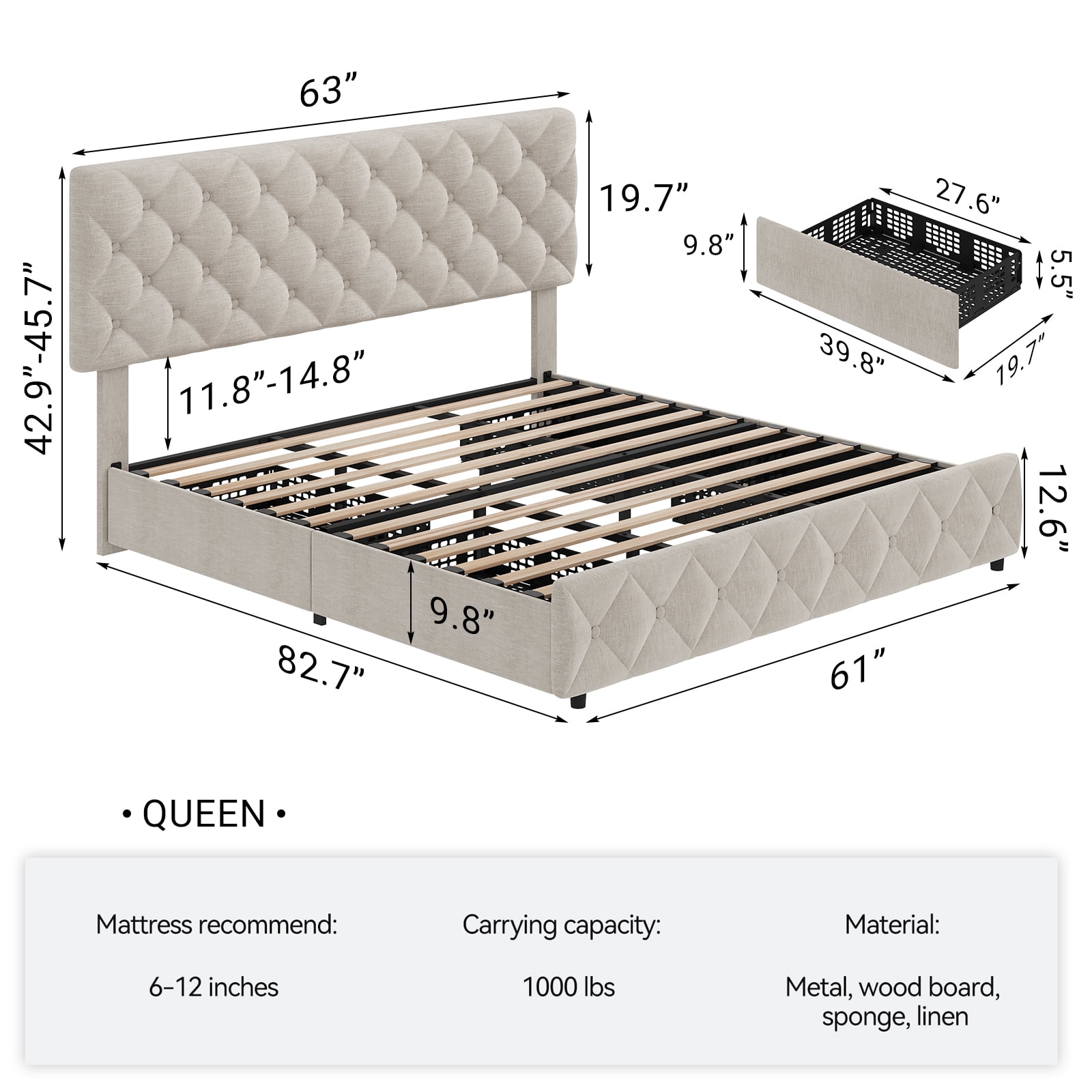 TEQIN Upholstered Queen Bed Frame with 4 Storage Drawers, Diamond Tufted Fabric Platform Bed with Sturdy Support,No Box Spring Needed, Easy Assembly, Noise Free