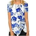 thumbnail image 2 of Blue Women's Short Sleeve T-shirt, Women'S Summer Round Neck Retro Flower Print Irregular Hem Loose Casual Top,Women's Short sleeve T-shirt XL, 2 of 5