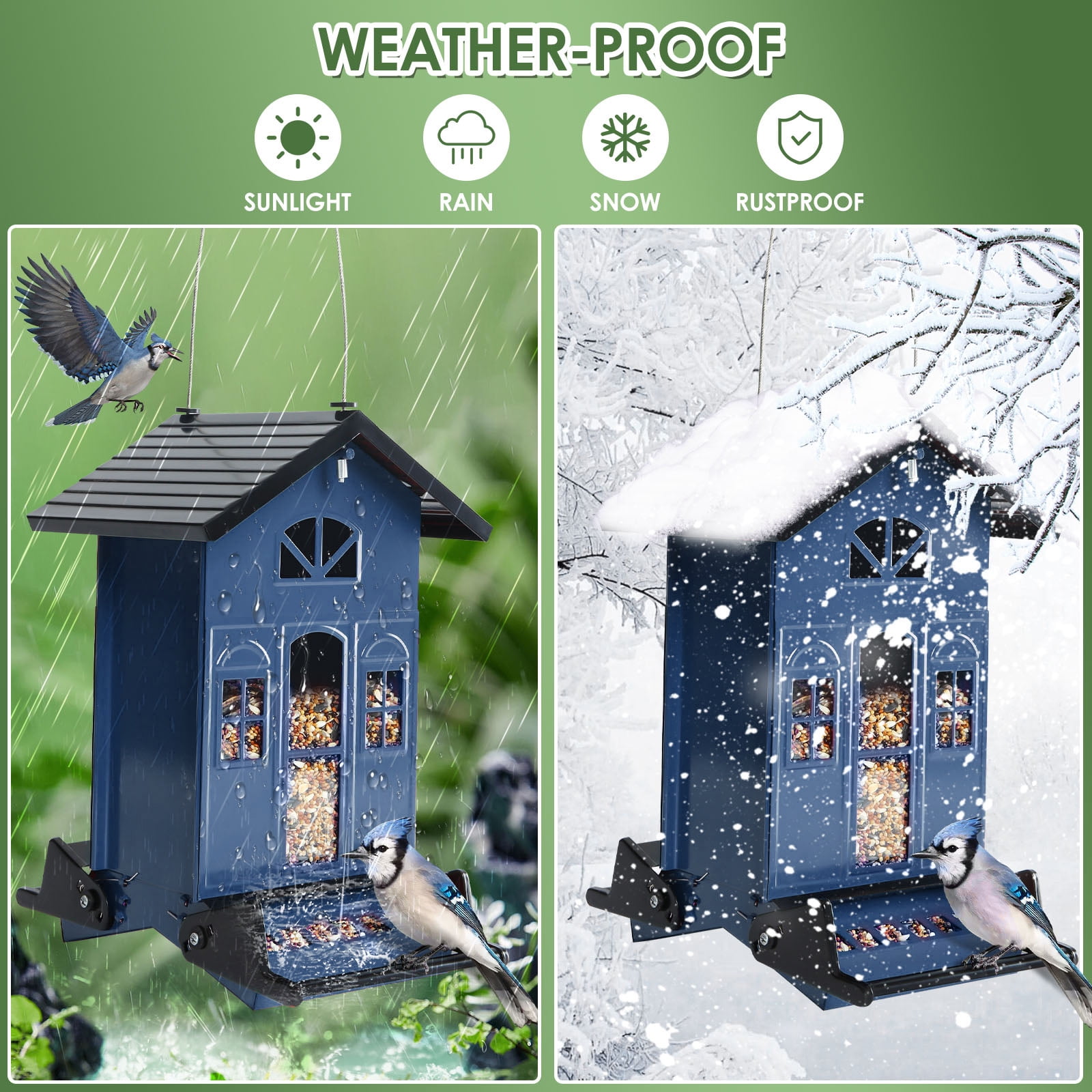 Birdkiss 5lbs Squirrel-Proof Wild Bird Feeder with Bilateral Weight-Activated Perches, 14 Feeding Ports, Outdoor Bird Feeder for Garden Yard Outside, Blue