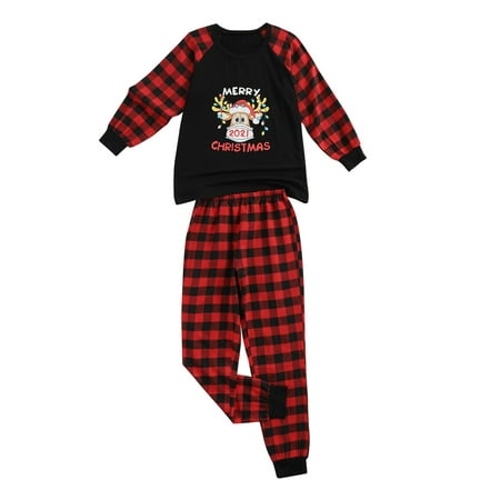 

Pudcoco Christmas Parent-child Nightwear Set Black Long Sleeve Plaid Tops Pants