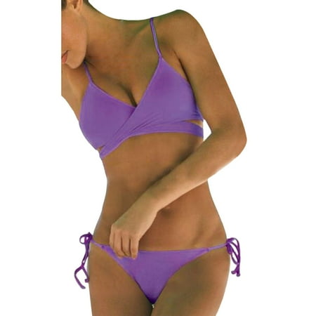Ploknplq Women s Two-piece Swimsuit Bikini Suit Up Women Bathing Push Padded Set Swimsuit Bandage Bra Summer Swimwear Purple S
