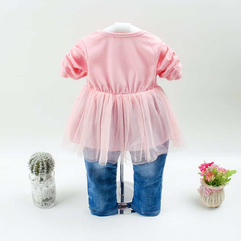 Peacolate Spring Autumn Infant Baby Girl Denim Clothing Sets 3 pcs Long Sleeve T-Shirt Denim Jacket and Jeans Trousers Pants,Pink,6-12Months