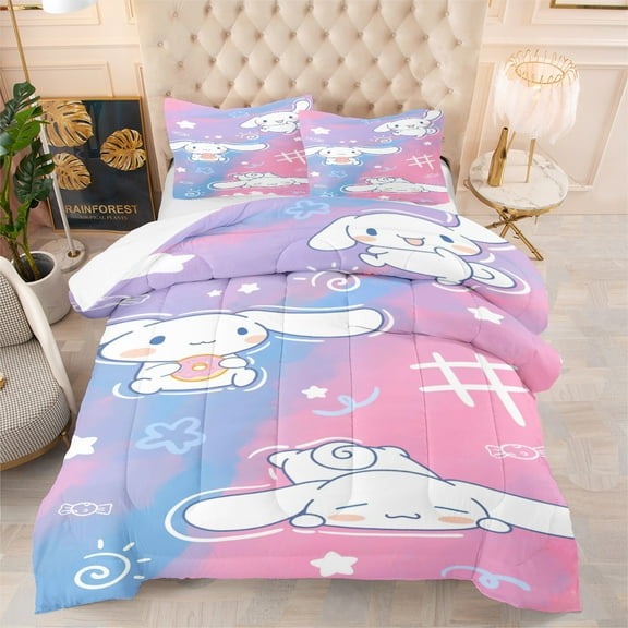 Kawaii 3-Piece Blue Pink Cute Dog Comforter Bedding Sets, Full