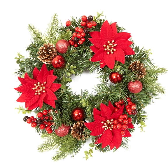 16 Inch Classic Christmas Wreath for Front Door with Red Berries & Pine Cones, Artificial Pine Garland Holiday Decor for Fireplace Wall Window