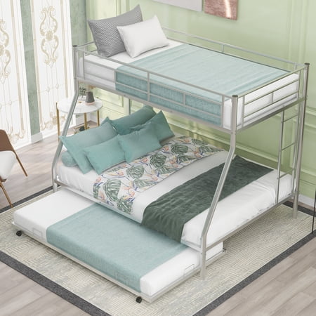 Twin over Full size Bunk Bed with Twin Trundle Bed  Metal Bunk Bed Frame with 2 Side Ladders and Full-length Guardrails  3-in-1 Bunk Beds for Kids Boys Girls Bedroom  Silver