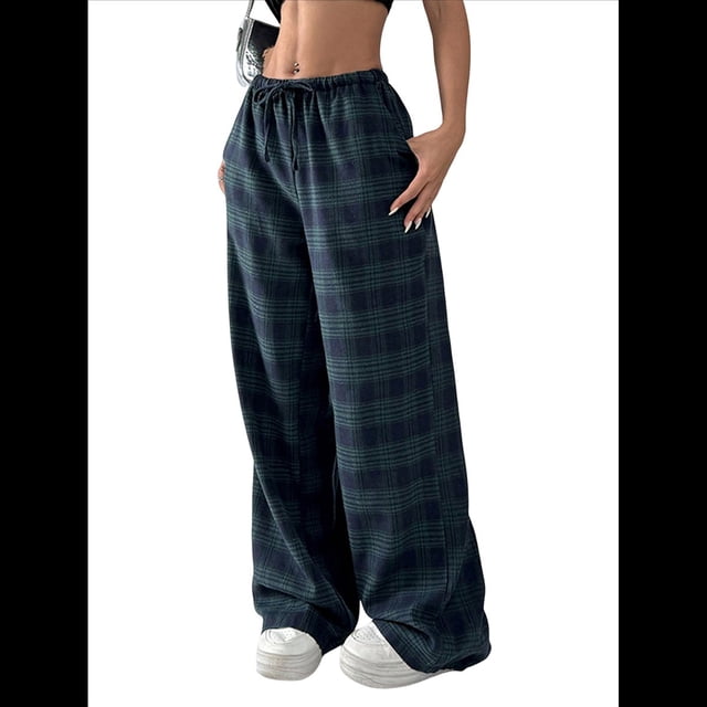 Pantalones Rectos con Estampado de Leopardo A Cuadros para Mujer, Cintura Elástica, Estilo Y2K, con Bolsillos. Cuadrícula Azul y Verde L