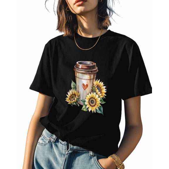 Watercolor Sunflower Womens Tshirt Graphic Tees Cotton Crew Neck T-Shirts, Casual Short Sleeve Shirts for Women Teen Girl Love Cup