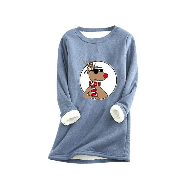 Sudadera de lana gruesa a la moda con estampado navideño para mujer, ropa interior cálida de terciopelo con cuello redondo Pompotops gfhjh11061