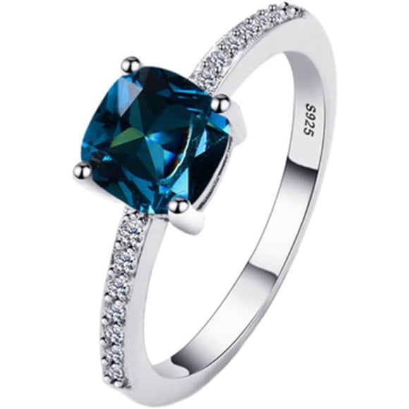 GFDYREE Fashion Jewelry 14k White Gold Plated Sterling Silver Peacock Blue Topaz Square Diamond Ring Gemstone Ring Aquamarine Gemstone Wedding Bridal Band Ring for Women