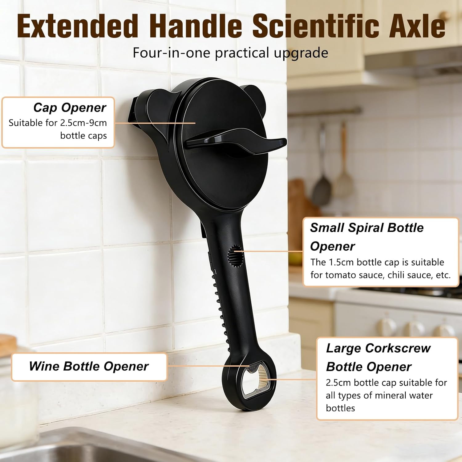 Multi-Functional Extendable Can and Bottle Opener, Ergonomic Handle Magnetic Stainless Steel Can Opener, Friendly Kitchen Tool (Black)