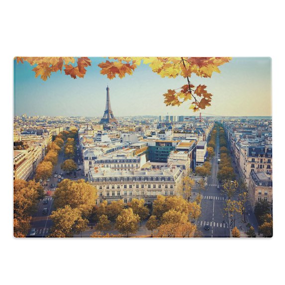 Fall Cutting Board, Aerial View of Eiffel Tower at Sunset Paris France Cityscape Historical Landmark Image, Decorative Tempered Glass Cutting and Serving Board, Large Size, Multicolor, by Ambesonne