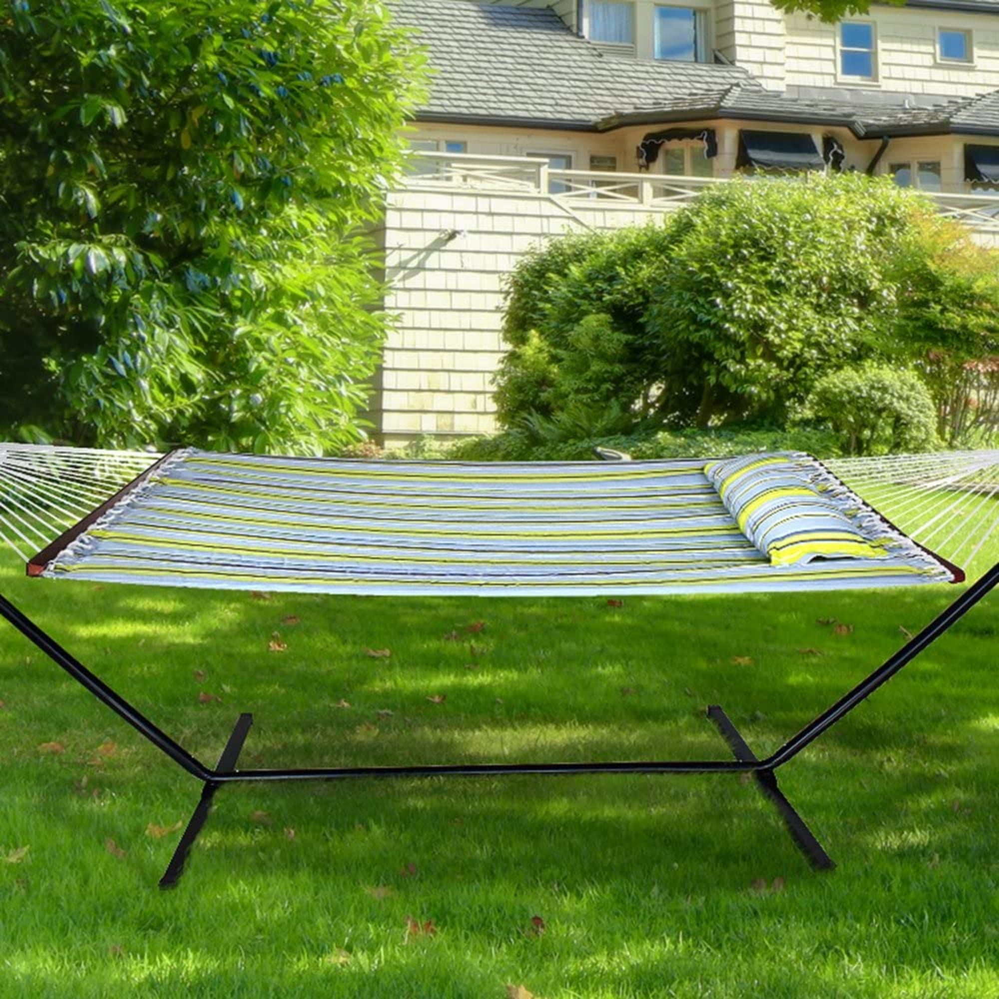 Sorbus Hammock with Spreader Bars & Pillow, Heavy Duty 450 lb, 2-Person, Green/Blue, Indoor/Outdoor