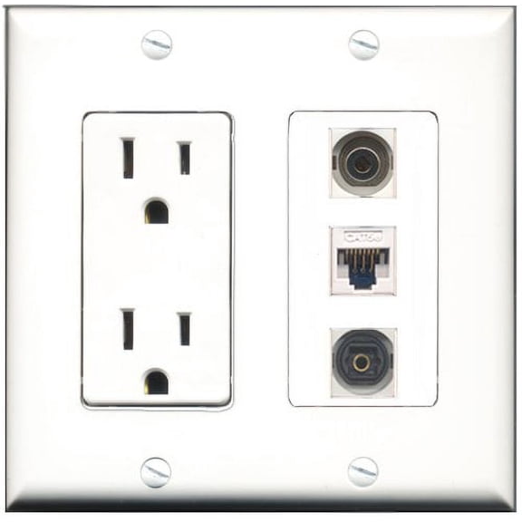 RiteAV - 15 Amp Power Outlet 1 Port Toslink 1 Port 3.5mm 1 Port Cat5e Ethernet White Decorative Wall Plate