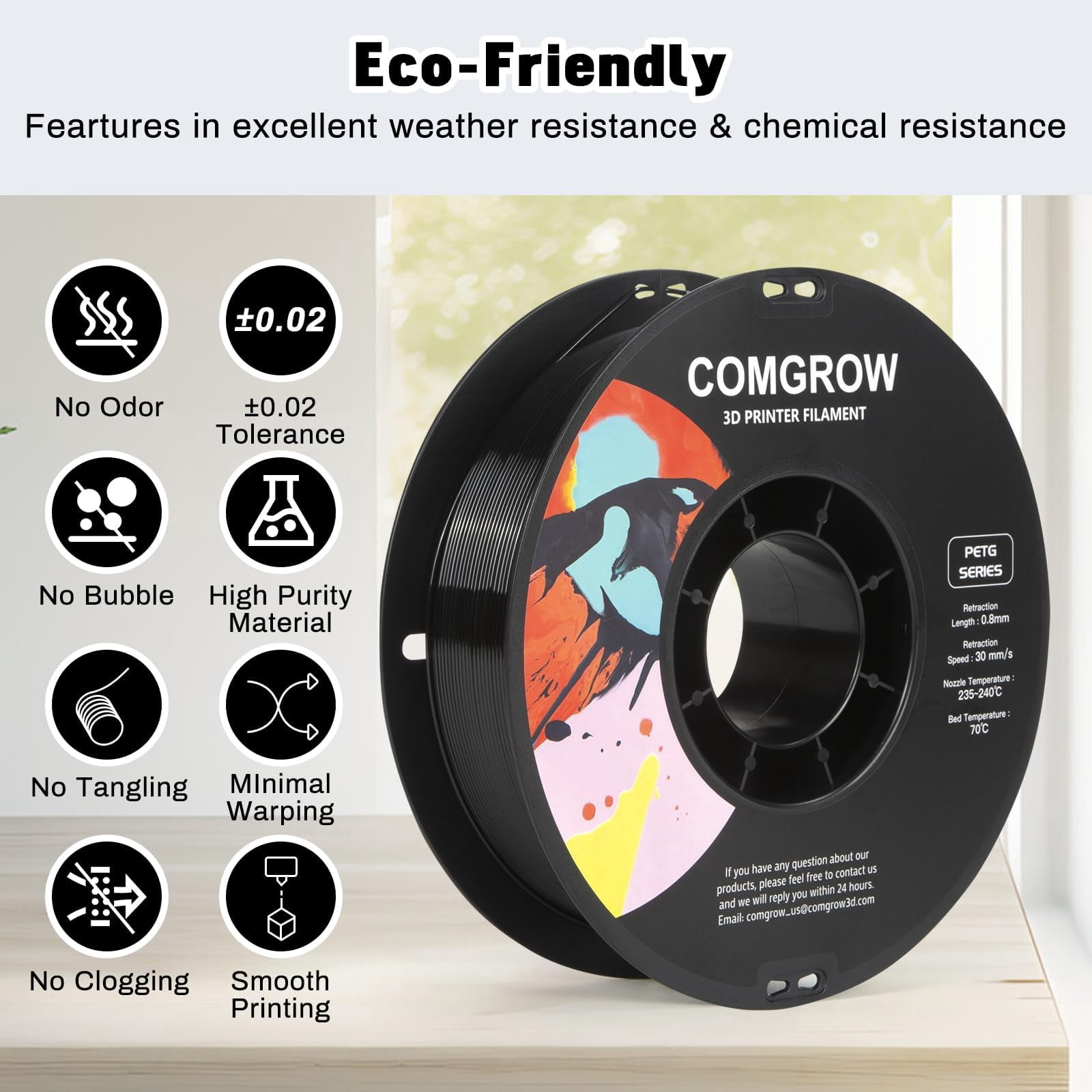 Comgrow PETG 3D Printer Filament 1.75mm, 6 Pack 1kg Spools, High Precision Tough Filament,No Clogging or Bubbles, Compatible with Most FDM 3D Printers(Black/White/Cherry Red/Pine Green/Purple/Brown)