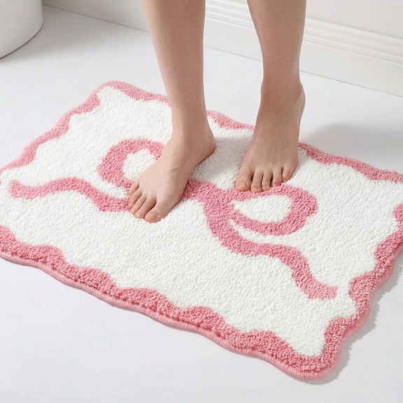 Pink Bow Bathroom Rug 16" x 24", Scalloped Bow Bath Mat Non Slip, Cute Aesthetic Coquette Carpet, Microfiber Absorbent Bath Mat for Bathtub Shower Bedroom Valentine Decor
