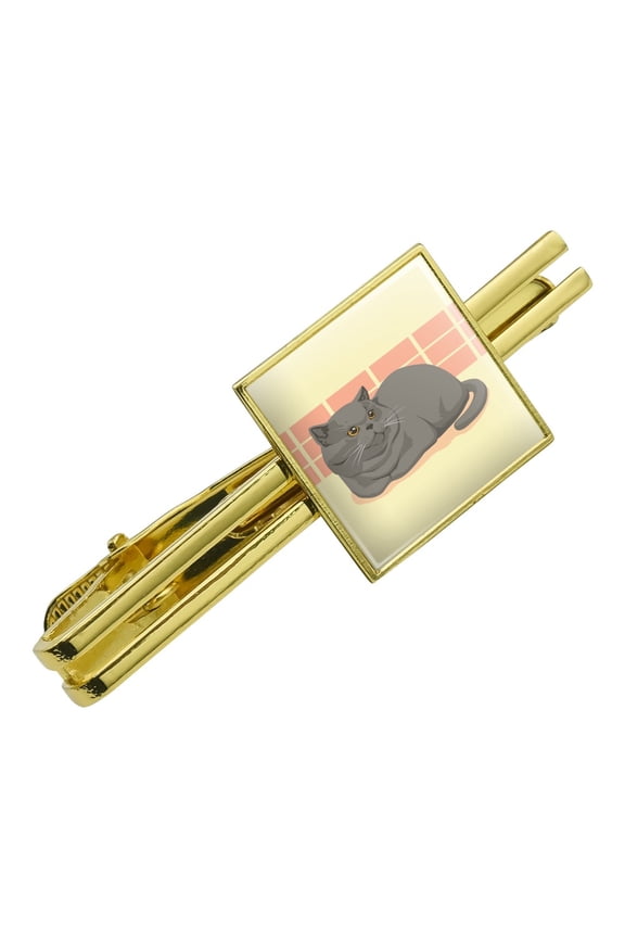 Chubby British Short Hair Grey Cat Square Tie Bar Clip Clasp Tack- Silver or Gold