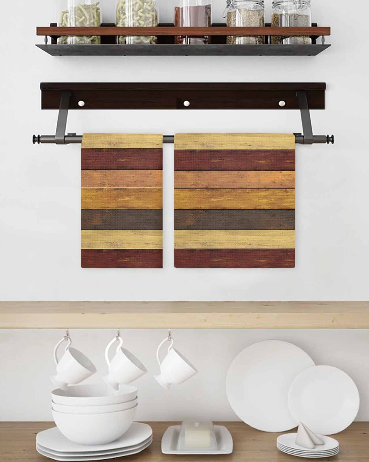 Brown Red Grey Farmhouse Kitchen Dish Towels for Drying Dishes Set of 3, Vintage Wooden Country Waffle Weave Microfiber Terry Hand Tea Bathroom Towels Quick Dry & Absorbent Towel 15.7x23.6