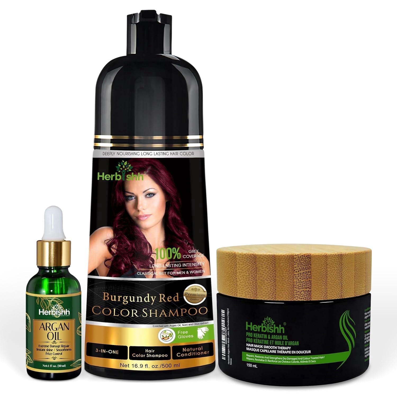 (2 pack) Herbishh After Color Shampoo Combo Contains Hair Color Shampoo Hair Dye 500ml Argan Oil 30ml Pro Keratin And Argan Hair Mask( 150 ML)For Hair Straightening, Shine For Men And Women (Burgundy)