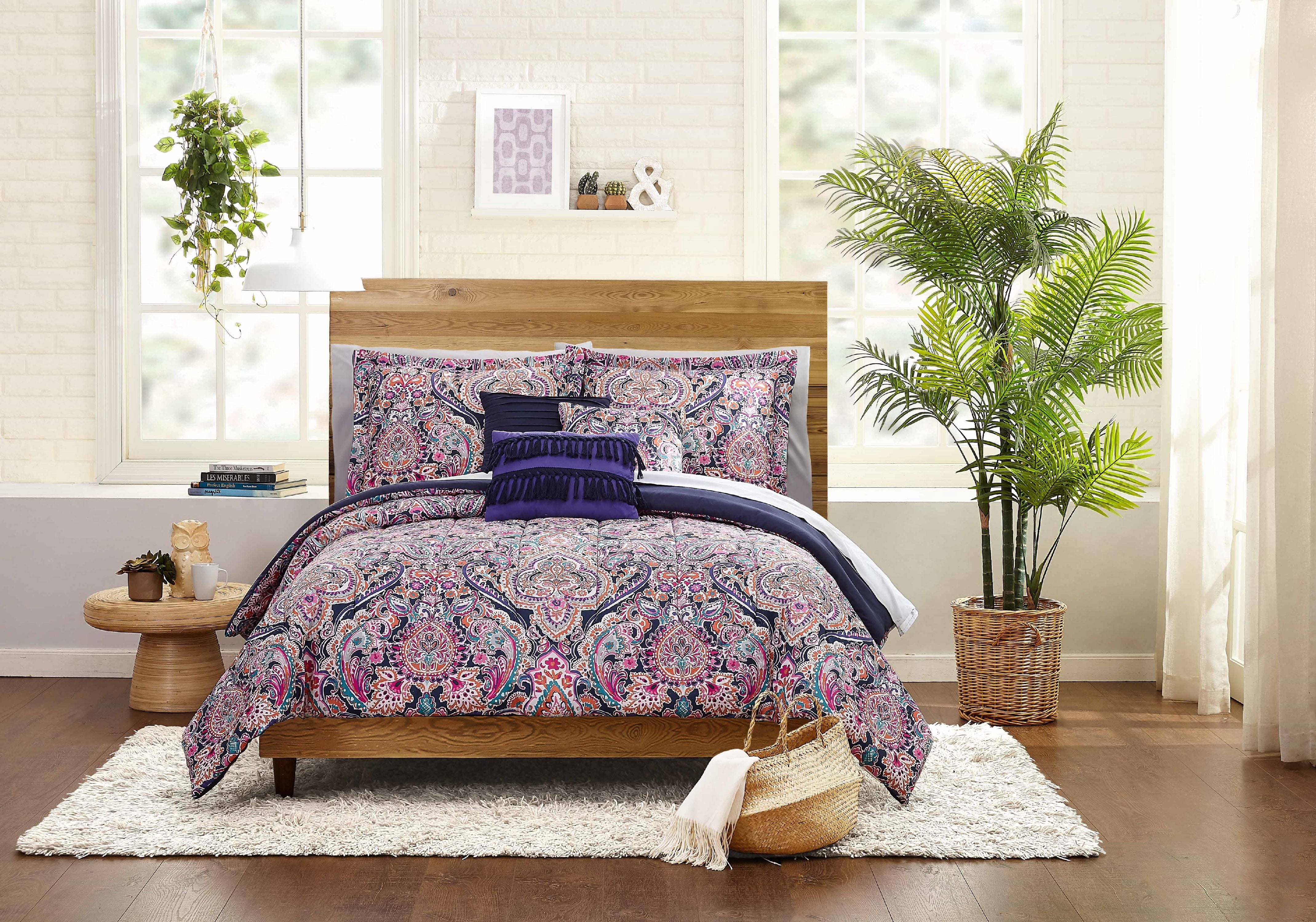 Mainstays Purple and Blue Medallion 10 Piece Bed in a Bag Comforter Set With Sheets, Full