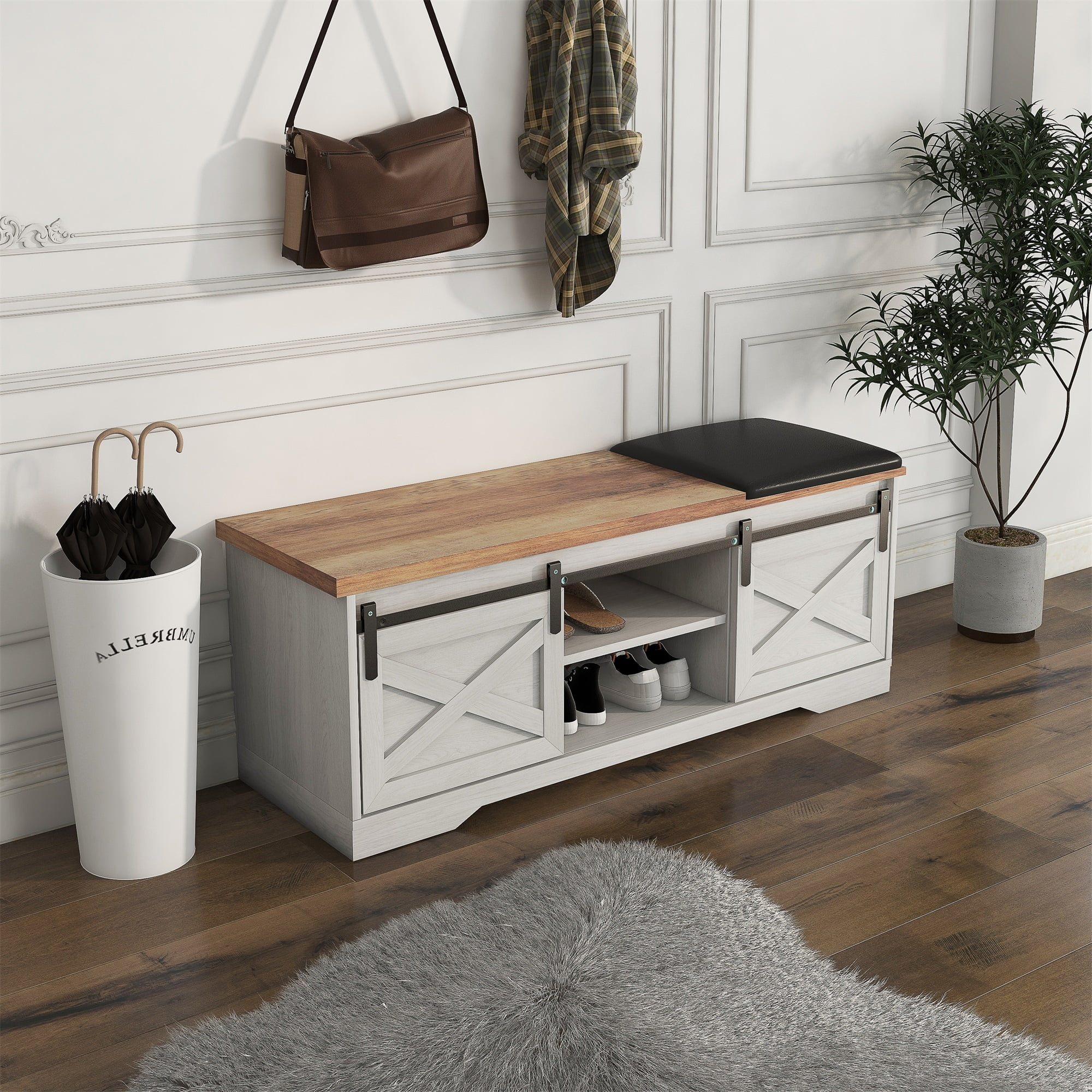 Kadyn 47 Inch Modern Farmhouse Sliding X Barn Door Litterbox Bench with Entry Cutout, Brown+White Shoe Bench Kadyn 47 Inch Modern Farmhouse Sliding X Barn Door Litterbox Bench with Entry Cutout, Brown+White Shoe Bench