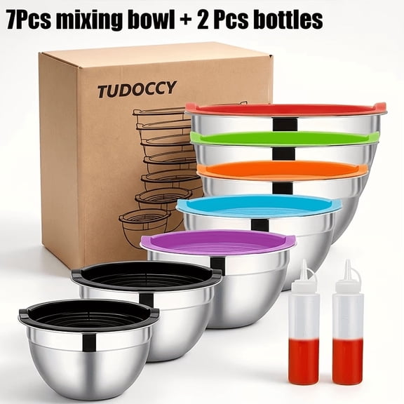 7pcs Mixing Bowl 2pcs Bottles for Kitchen, 403 Stainless Steel Mixing Bowls Set Ideal for Baking, Prepping, Cooking And Serving Food, Nesting Metal Mixing Bowls for Space Savin