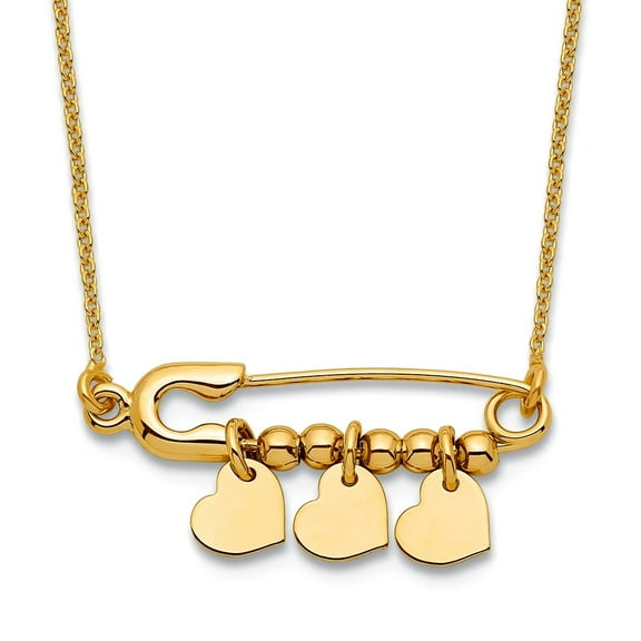 14k Gold Safety Pin With Dangle Love Hearts Necklace 17 Inch 25mm Wide Pendant Necklace for Women