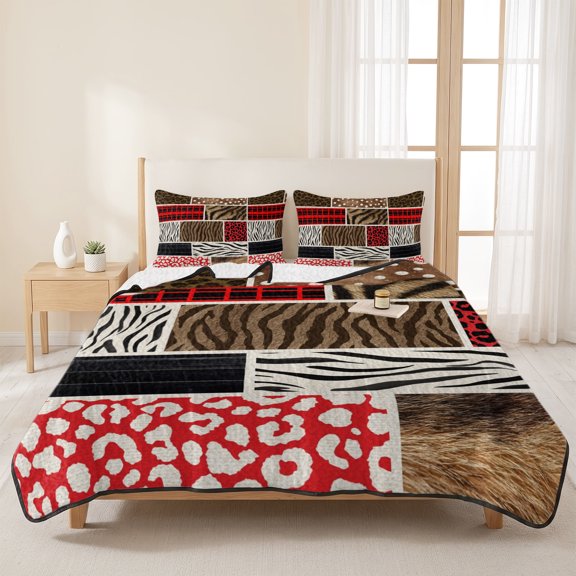 Queen Quilt Set, Print Pattern Lightweight Quilt Sets Summer Comforter Coverlets with 2 Pillow Shams, Red Black Plaid Breathable 3 Piece Bedding Set for All Seasons