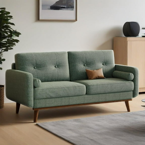 Luku 65 Inch Modern Green Loveseat Sofa, Linen Upholstered 2 Seater Couch with 2 Throw Pillows, Button Tufted Deep Seat Couch, Small Cozy Sofa for Living Room, Bedroom, Dorm