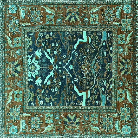 Ahgly Company Machine Washable Indoor Square Oriental Turquoise Blue Industrial Area Rugs, 5' Square