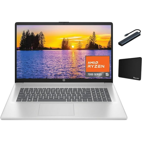 HP 17.3'' FHD Display Laptop, AMD Ryzen 5 7520U, 8GB DDR5 RAM, 512GB SSD, AMD Radeon Graphics, Bluetooth, Wi-Fi, Silver, Windows 11 Home with Tigology Accessories