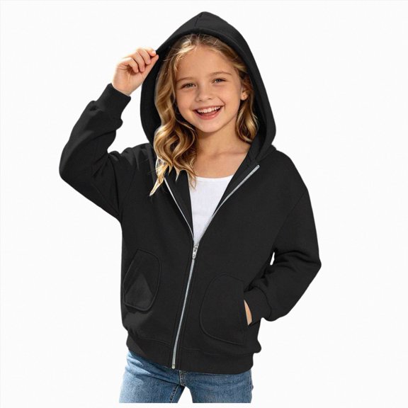 Staki Girls Lightweight Zip-Up Hoodie for Kids Soft Casual Hooded Sweatshirt 4-15Y(Black,6-7 Years)