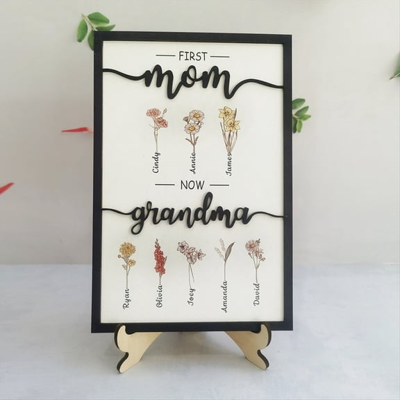 First Mom Now Grandma Birth Month Flower Wooden Plaque, Personalized Mothers Day Gifts, Mother'S Day Gift, Gift for Mom