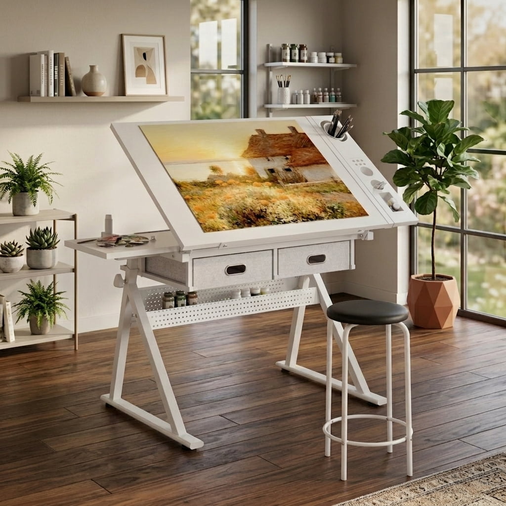 Adjustable Drawing Drafting Table Desk with Stool, Height & Angle Adjustable Art Table with 2 Drawers, Tiltable Desktop for Artist, Home Office, All White