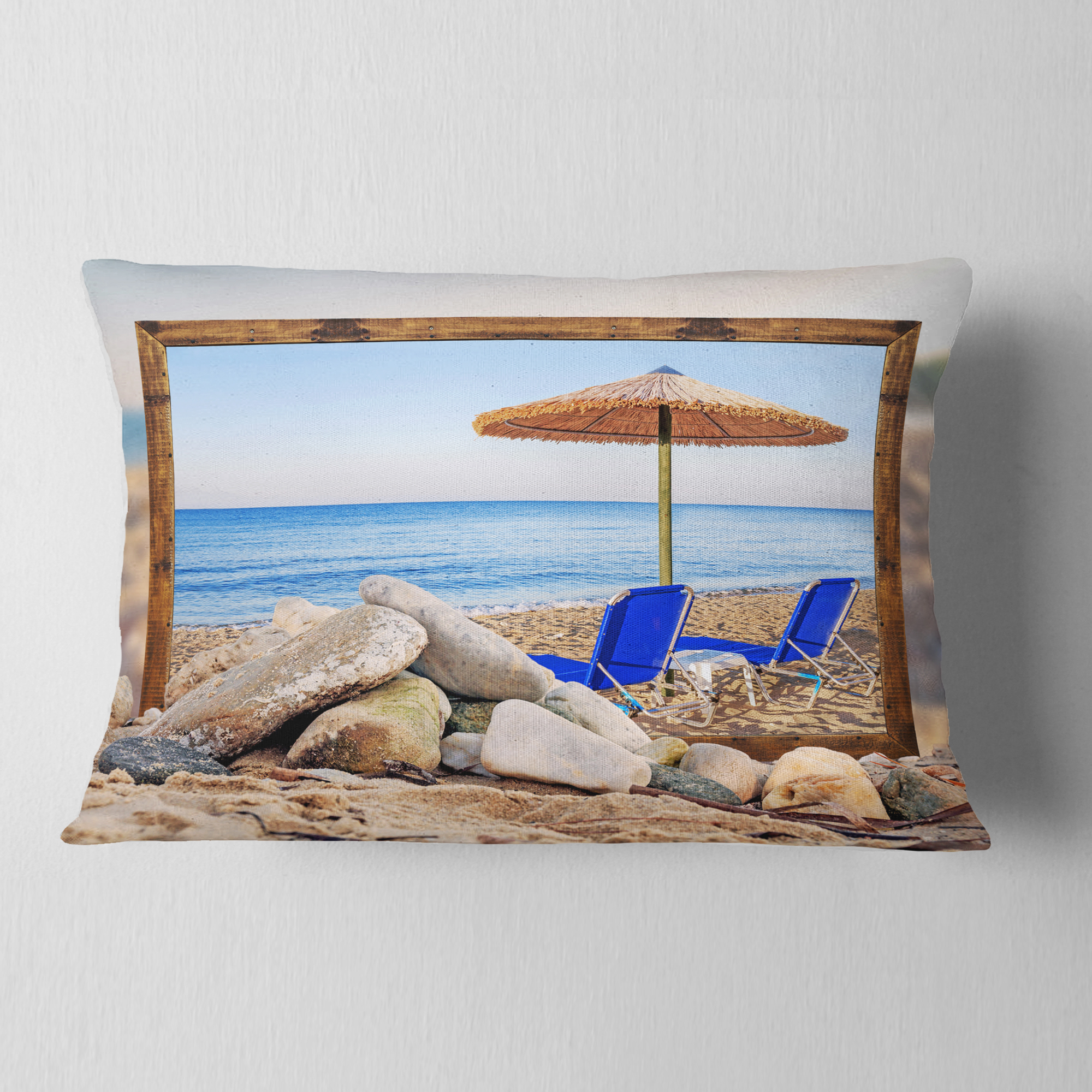 Designart Framed Effect Beach with Chairs Umbrella - Seashore Photo Throw Pillow - 12x20