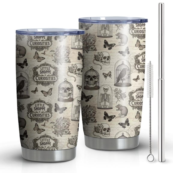 20oz Tumblers Beige Curiosity Shoppe Pattern Stainless Steel Vacuum Insulated Double Wall Travel Tumbler Cups Mug with Lid and Straw,Cleaning Brush for Cold & Hot Drinks