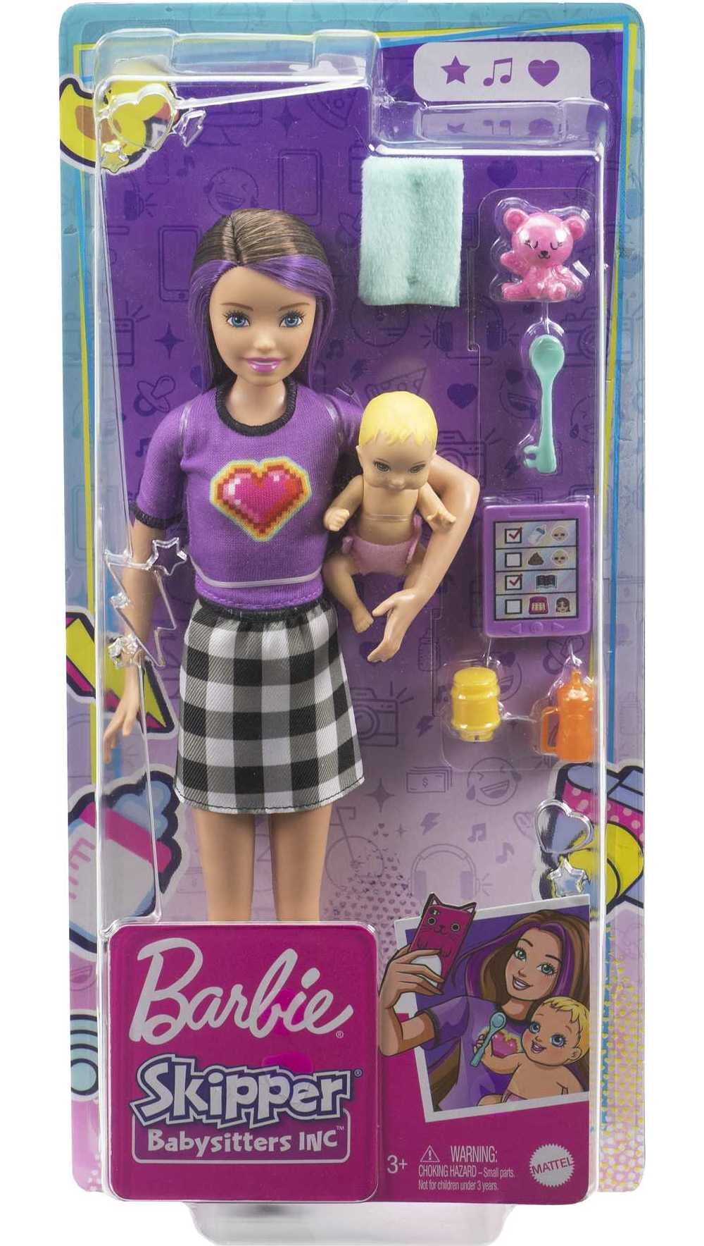 Barbie Skipper Babysitters Inc Set with Skipper Doll in Checked Skirt, Baby Doll & 4 Themed Pieces