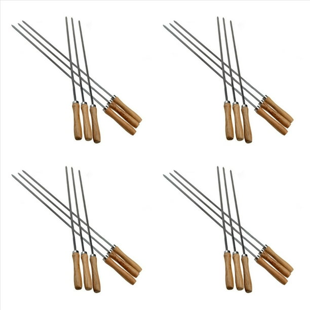 Brochetas de Acero Inoxidable BBQ Kebab con Manejars de Madera Palitos de Broche de Metal Reutilizables Planos con Bolsa de Almacenamiento 24 Piezas