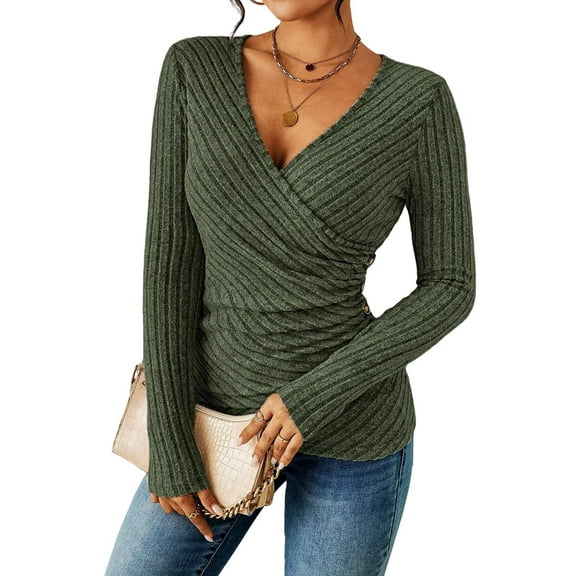 Women'S Long Sleeve Shirt V Neck Ribbed Knit Slim Button Sweater Autumn Casual Work Tops Army Green XXL