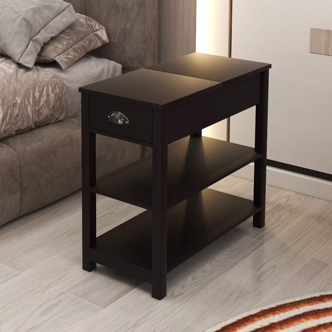 Homestock White Narrow End Table with Storage, Flip Top Narrow Side Tables for Small Spaces, Slim End Table with Storage Shelf